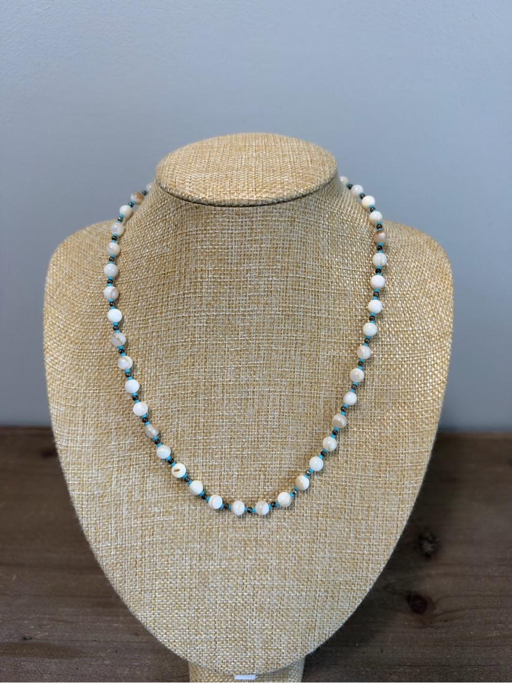 Cream Shell Beaded Necklace Turquoise Blue Accent Beads Boho Coastal